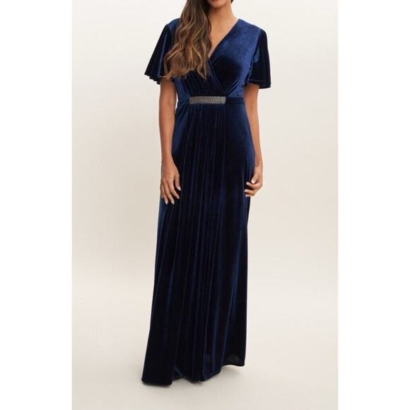 Ignite Evenings Velvet Maxi Dress Flutter Sleeve Full Length Formal Navy Blue 12 - Picture 2 of 12